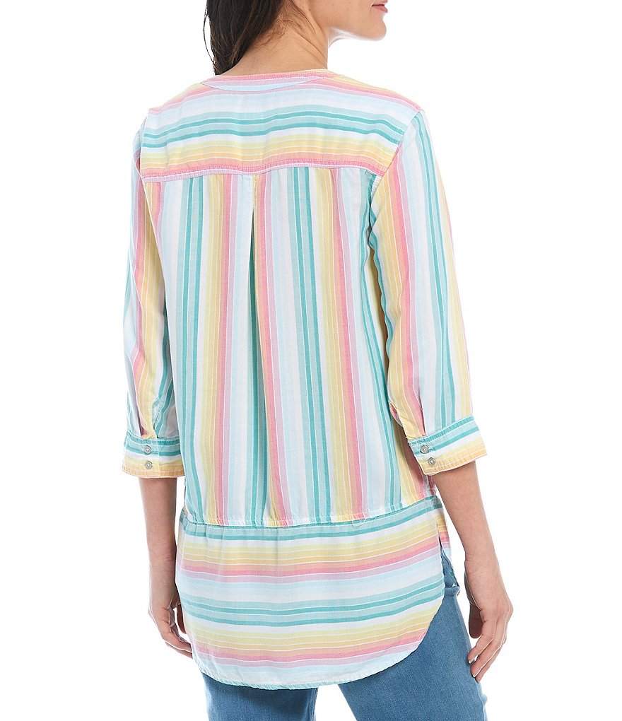 Westbound Rainbow Prism Stripe 3/4 Sleeve Two-Pocket Popover Shirt