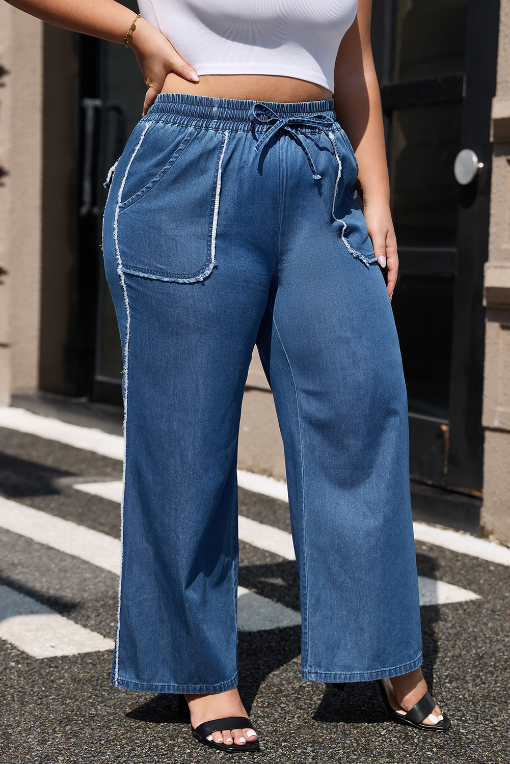 Dark Blue Plus Size Stitching Washed Flare Jeans