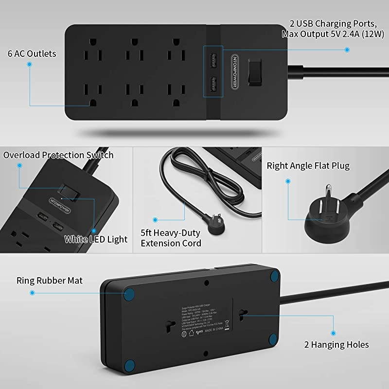 Flat Plug Power Strip with USB  Mountable Surge Protector Flat Plug 6 Outlets 2 USB Desktop Charging Station 5ft Heavy Duty Extension Cord 15A Circuit Breaker for Home and Office Black