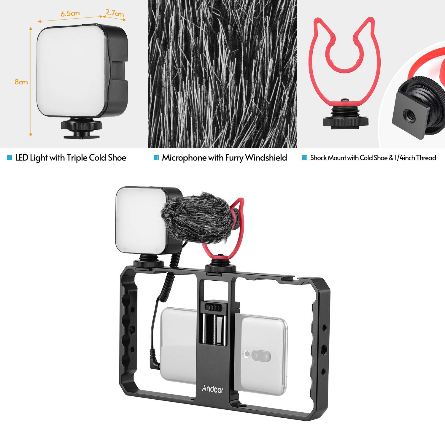 Andoer Smartphone Video Rig Grip with Rig LED Light Microphone with Shock Mount for Vlog Film-making Compatible with iPhone Samsung HUAWEI