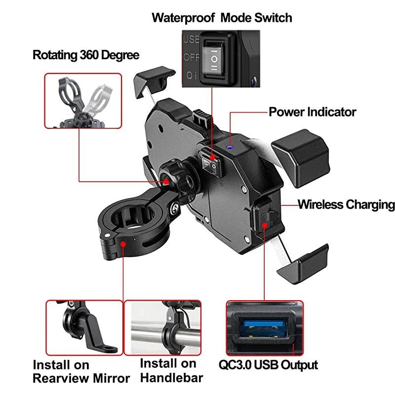 Waterproof Motorcycle Wireless 15W Qi/ USB Quick Charger 3.0 Phone Holder 2 in 1 Mount on 22-32mm Handlebar or Rear-View Mirror Fast Charging for 3.5-6.8 inch Cellphones