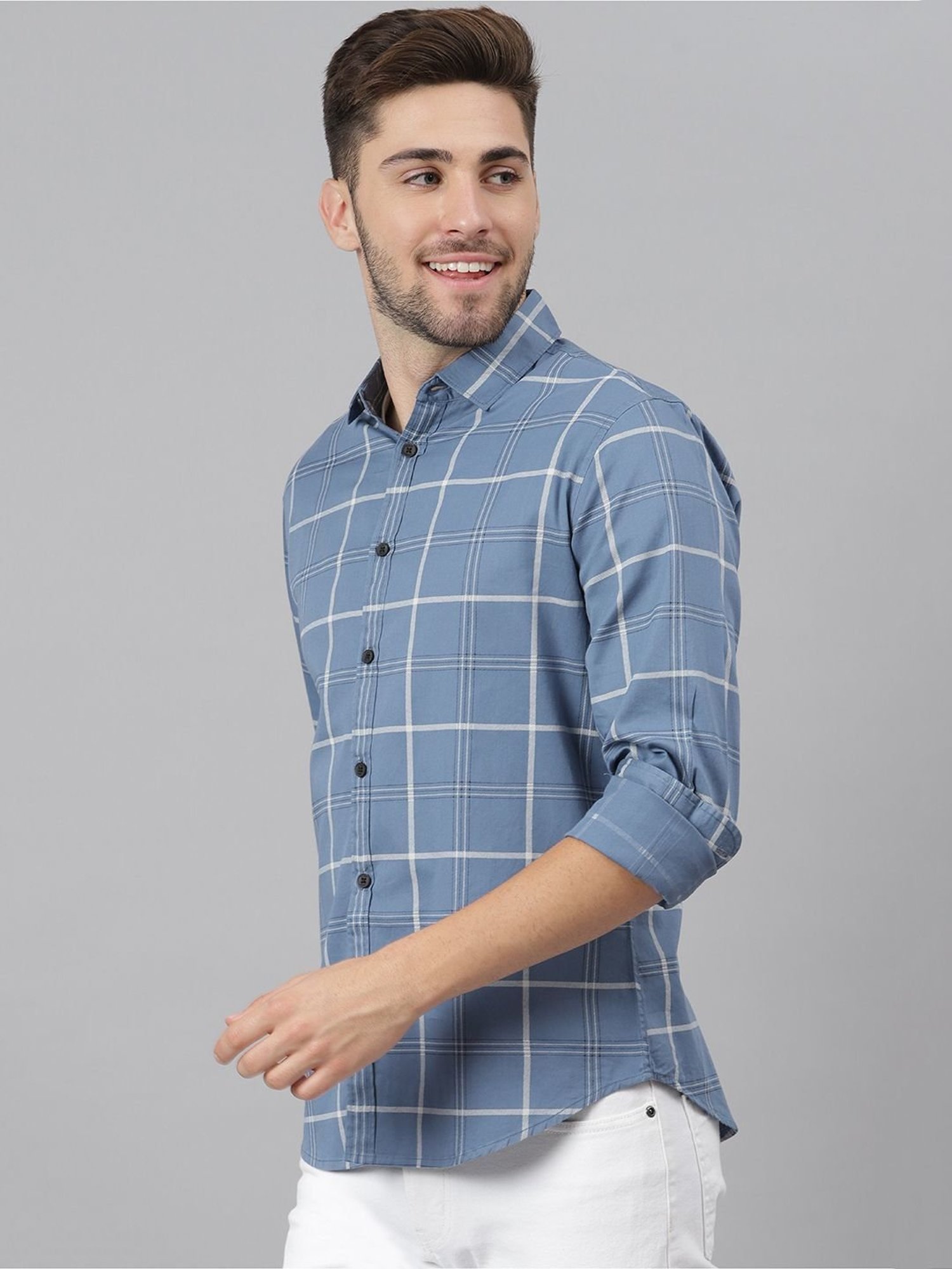Dennis Lingo D-Blue Cotton Slim Fit Checks Shirt