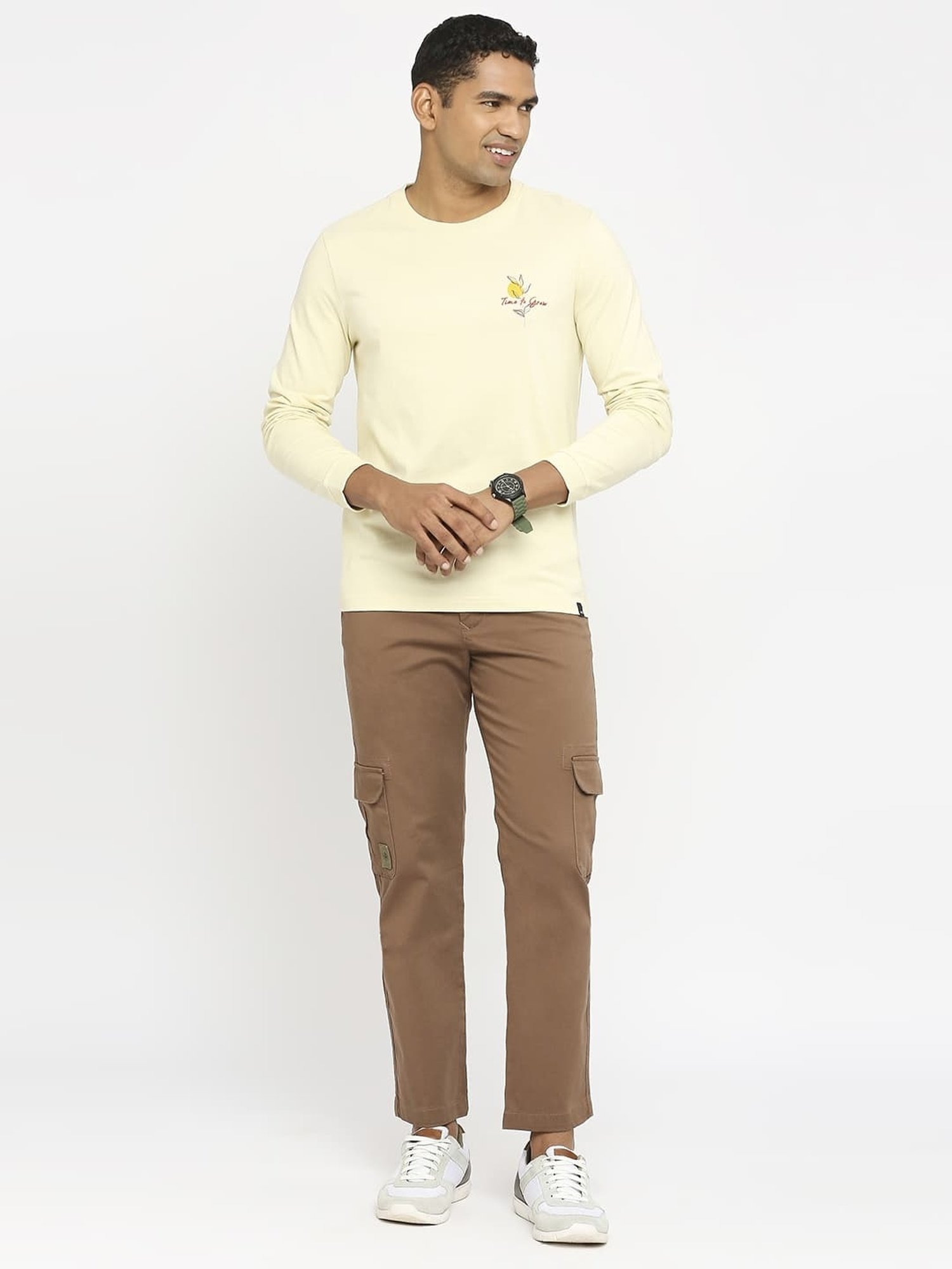 Basics Beige Cotton Muscle Fit Printed T-Shirt