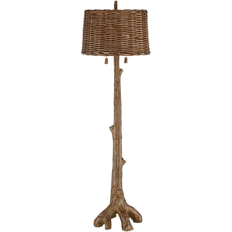 Barnes and Ivy Rustic Country Cottage Floor Lamp Faux Wood Tree Brown Wicker Drum Shade for Living Room Reading Bedroom Office