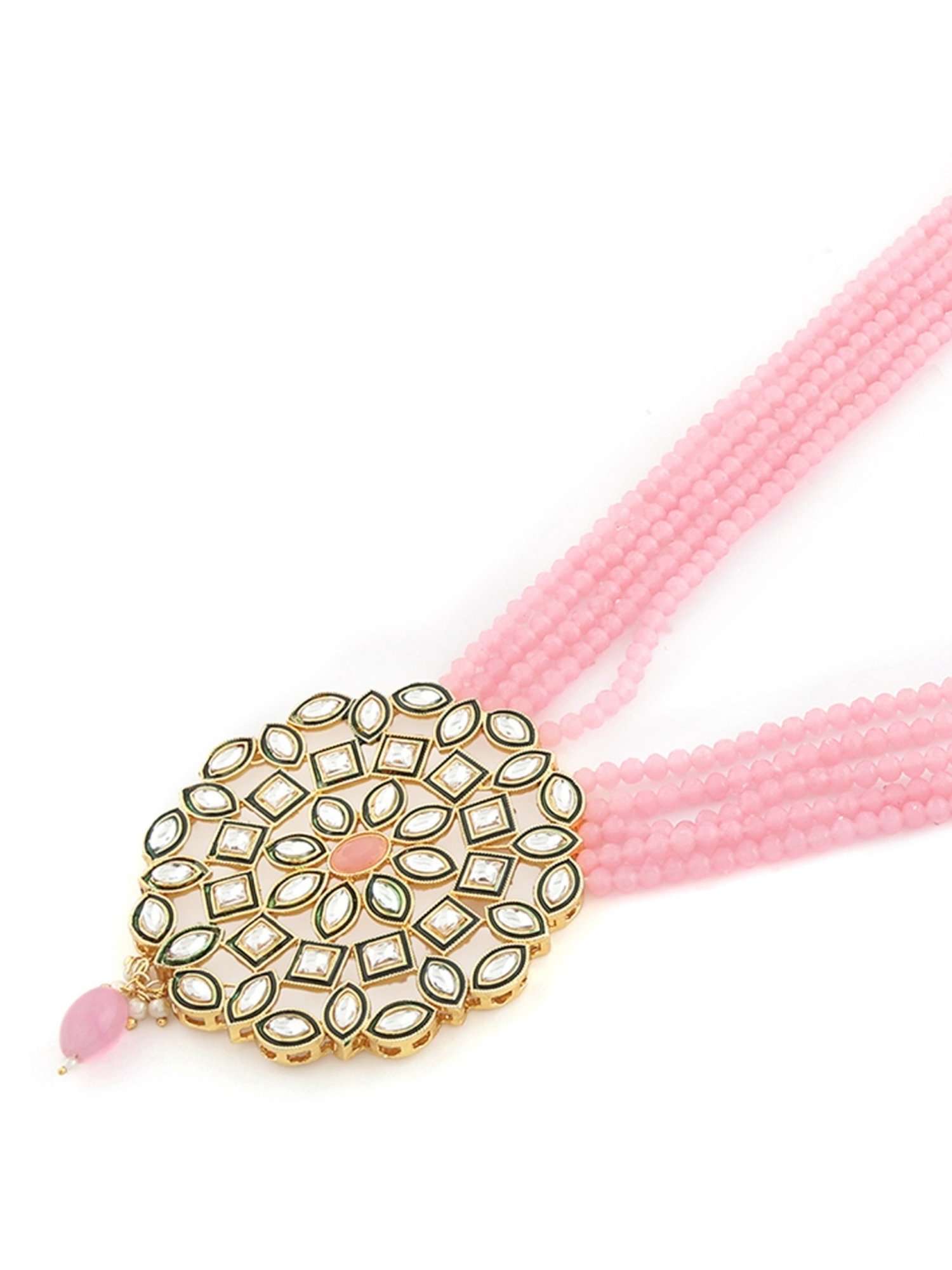 Zaveri Pearls Pink Multistrand Beaded Kundan Long Necklace Earring & Ring Set-ZPFK13783