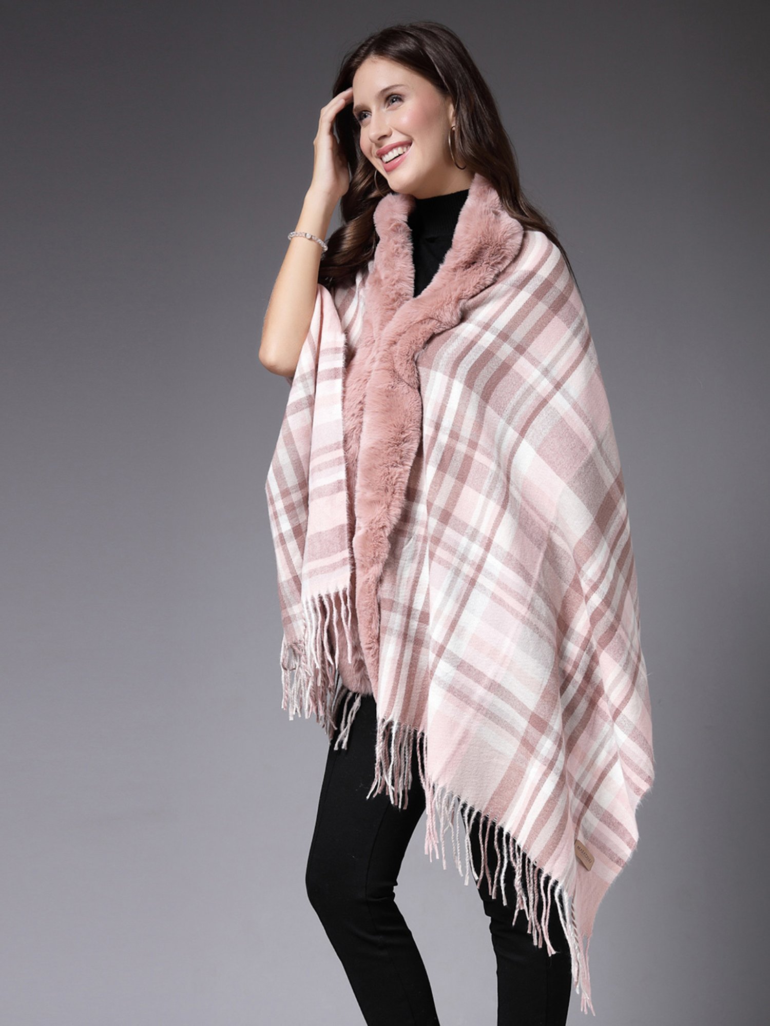 Mafadeny Peach Checks Poncho