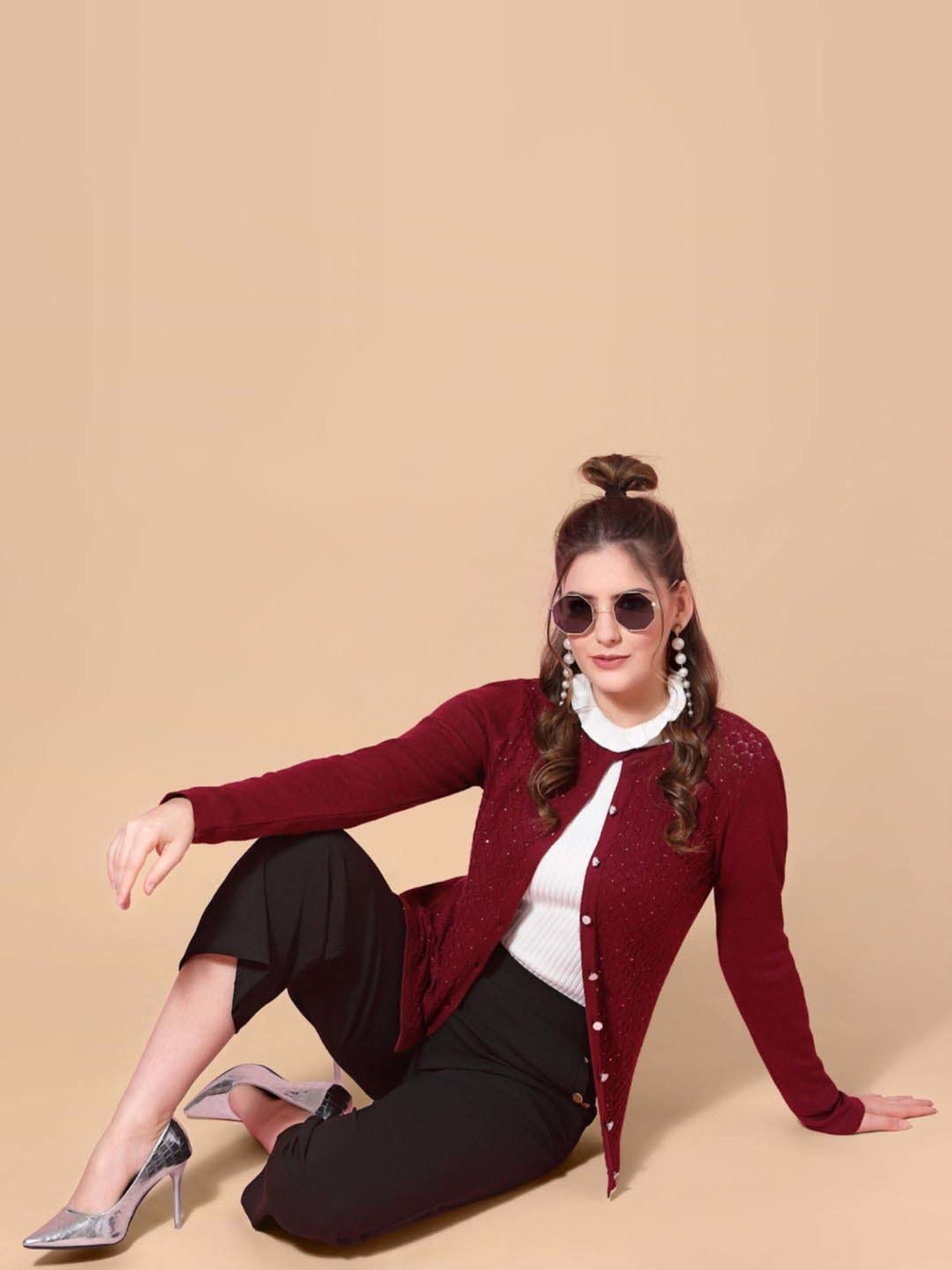 Mafadeny Maroon Embellished Cardigan