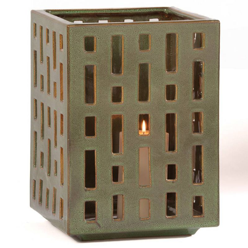 17" x 12" Handmade Genoa Glazed Ceramic Garden Lantern Candle Holder Green - Alfresco Home LLC