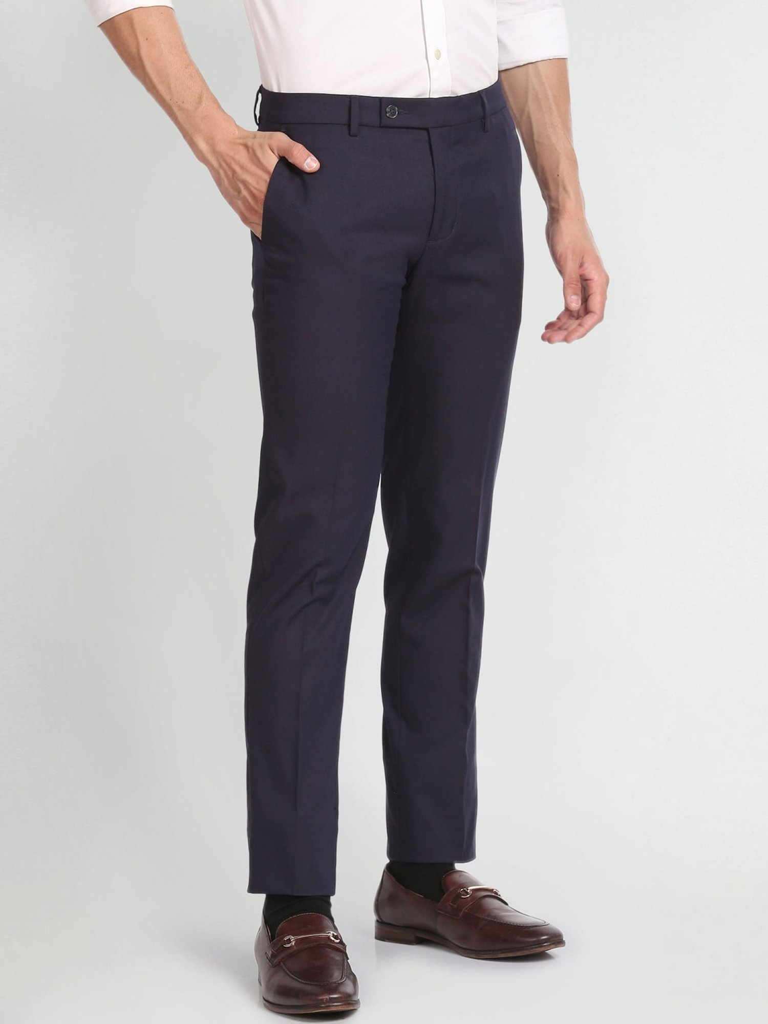 Arrow Navy Regular Fit Self Pattern Trousers