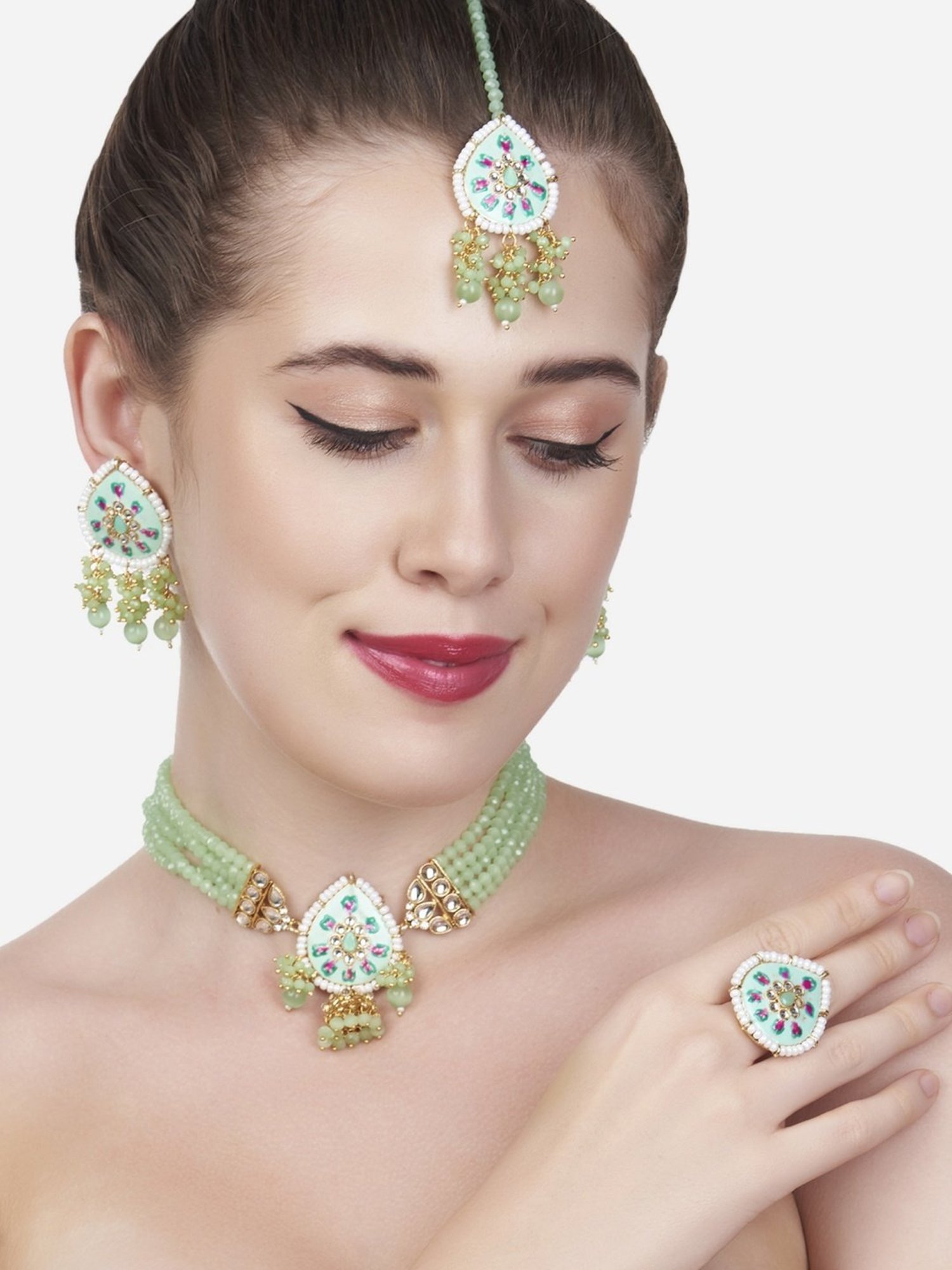 Zaveri Pearls Green Pink Meenakari Multistrand Necklace, Earring, Maangtikka & Ring Set