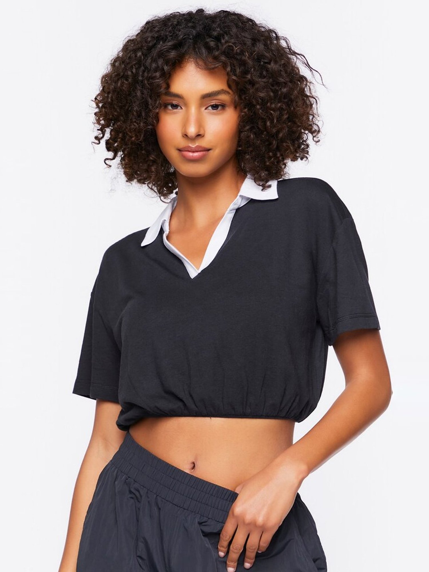 Forever 21 Black Shirt Collar Crop Top
