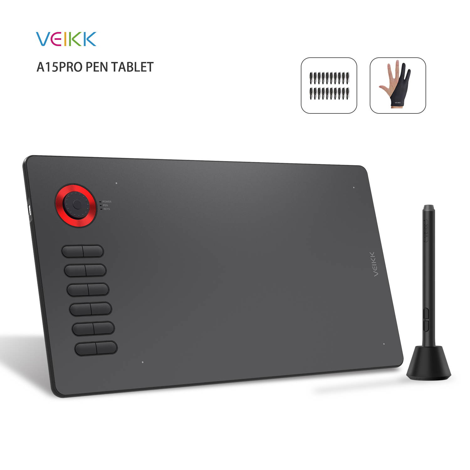 VEIKK A15 Pro Graphics Drawing Tablet 10 x 6 inch Digital Drawing Tablet with 12 Hotkeys and a Quick Dial (8192 Level Pressure Battery -Free Stylus)