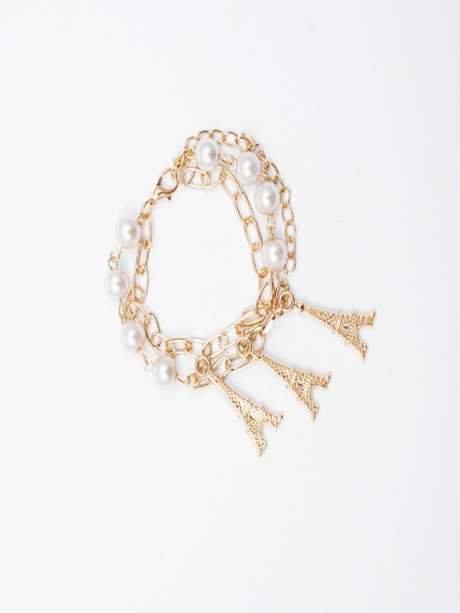 Jewelz White Pearl Gold Plated Alloy Eiffel Tower Shape Bracelet for Women