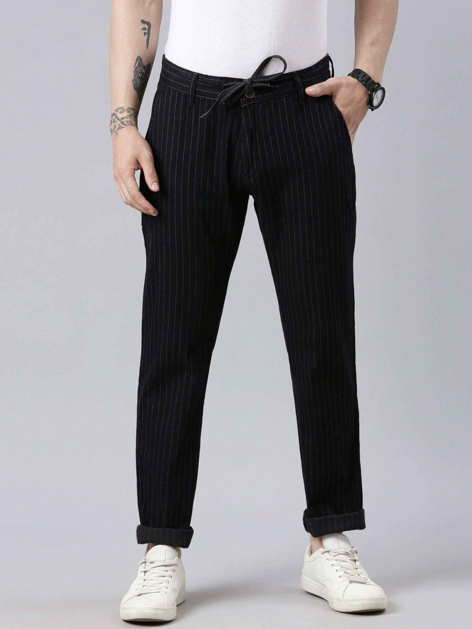 CINOCCI Black Cotton Straight Fit Striped Trousers