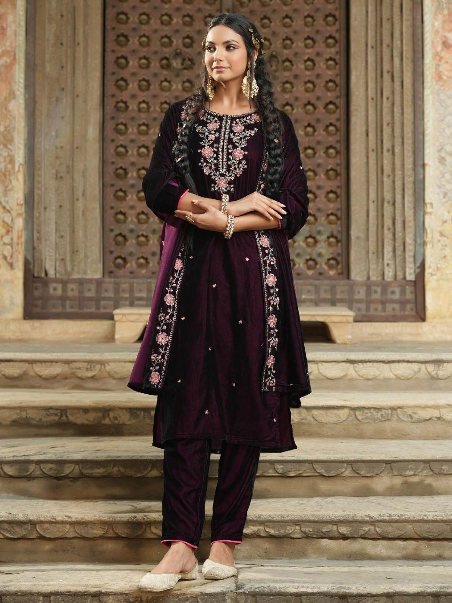 SCAKHI Maroon Embroidered Velvet Kurta With Pants & Dupatta