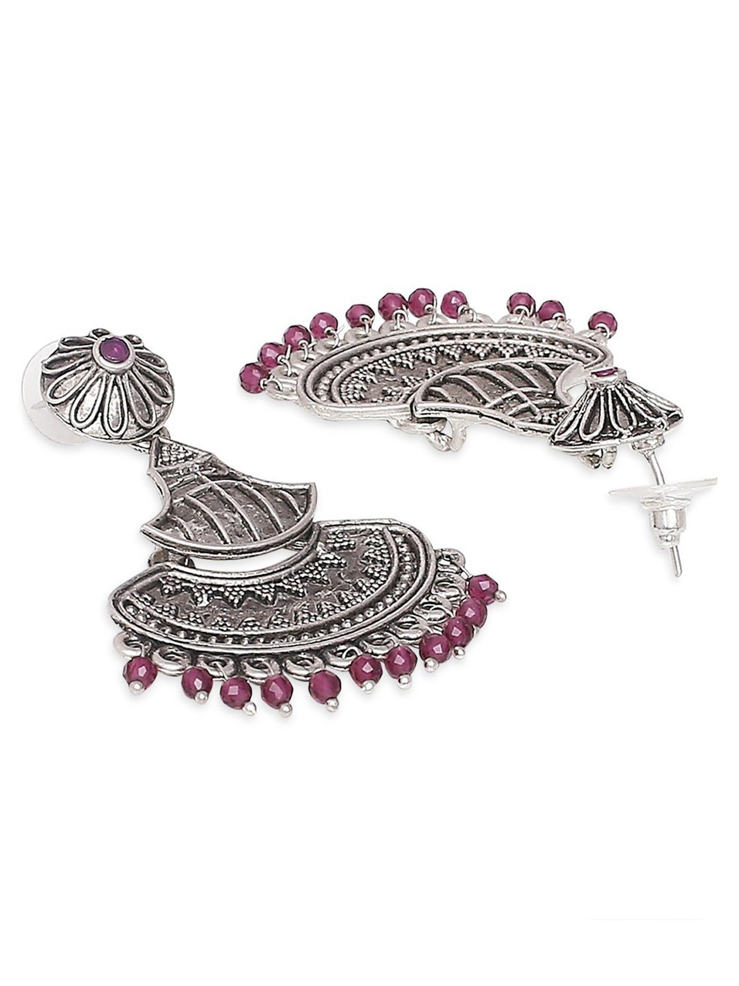 Oomph Oxidized Silver Ethnic Silver Look Alike Maroon Beads Dangler Earrings