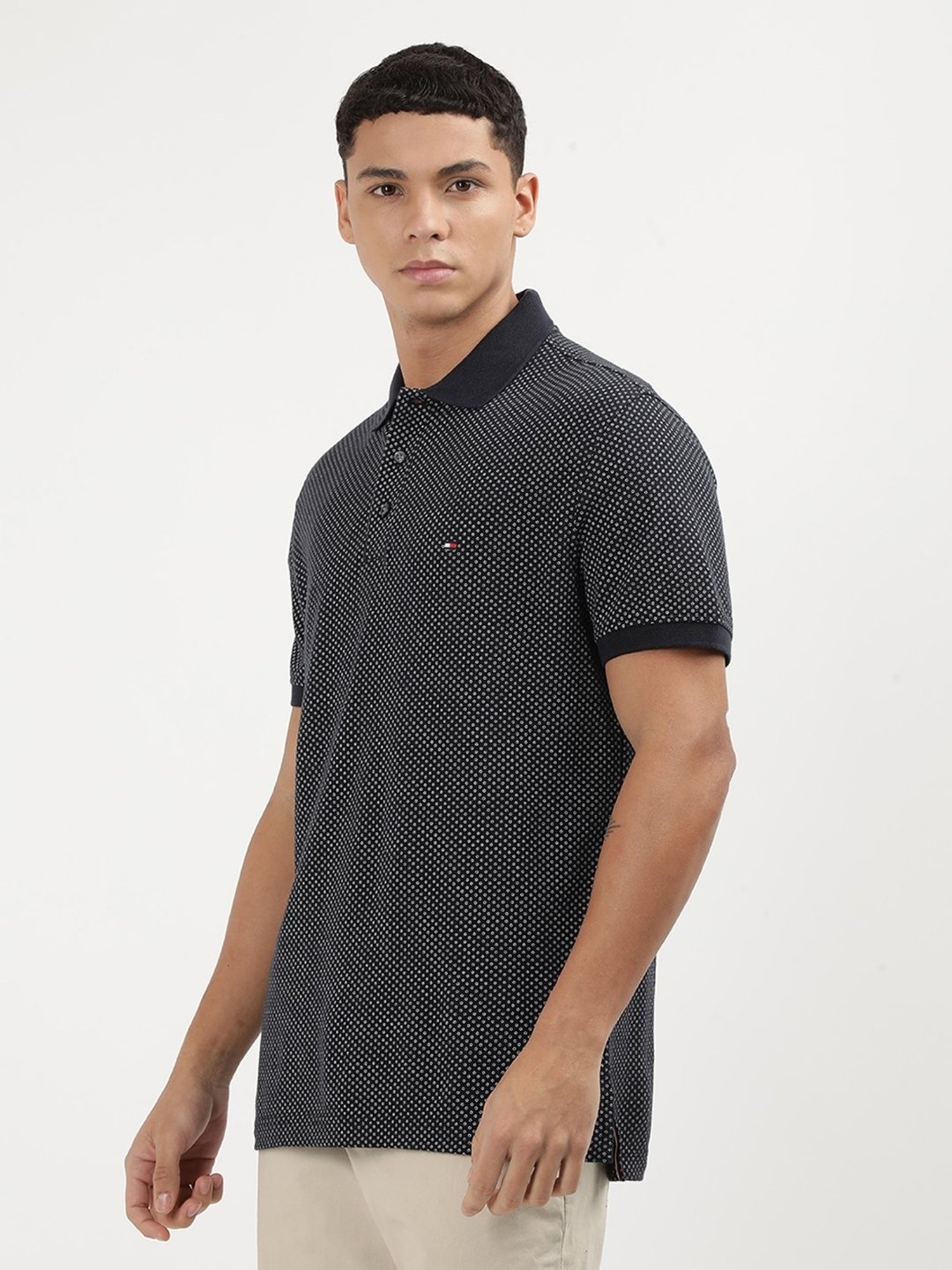 Tommy Hilfiger Desert Sky Melange & Ecru Cotton Regular Fit Graphic Polo T-Shirt