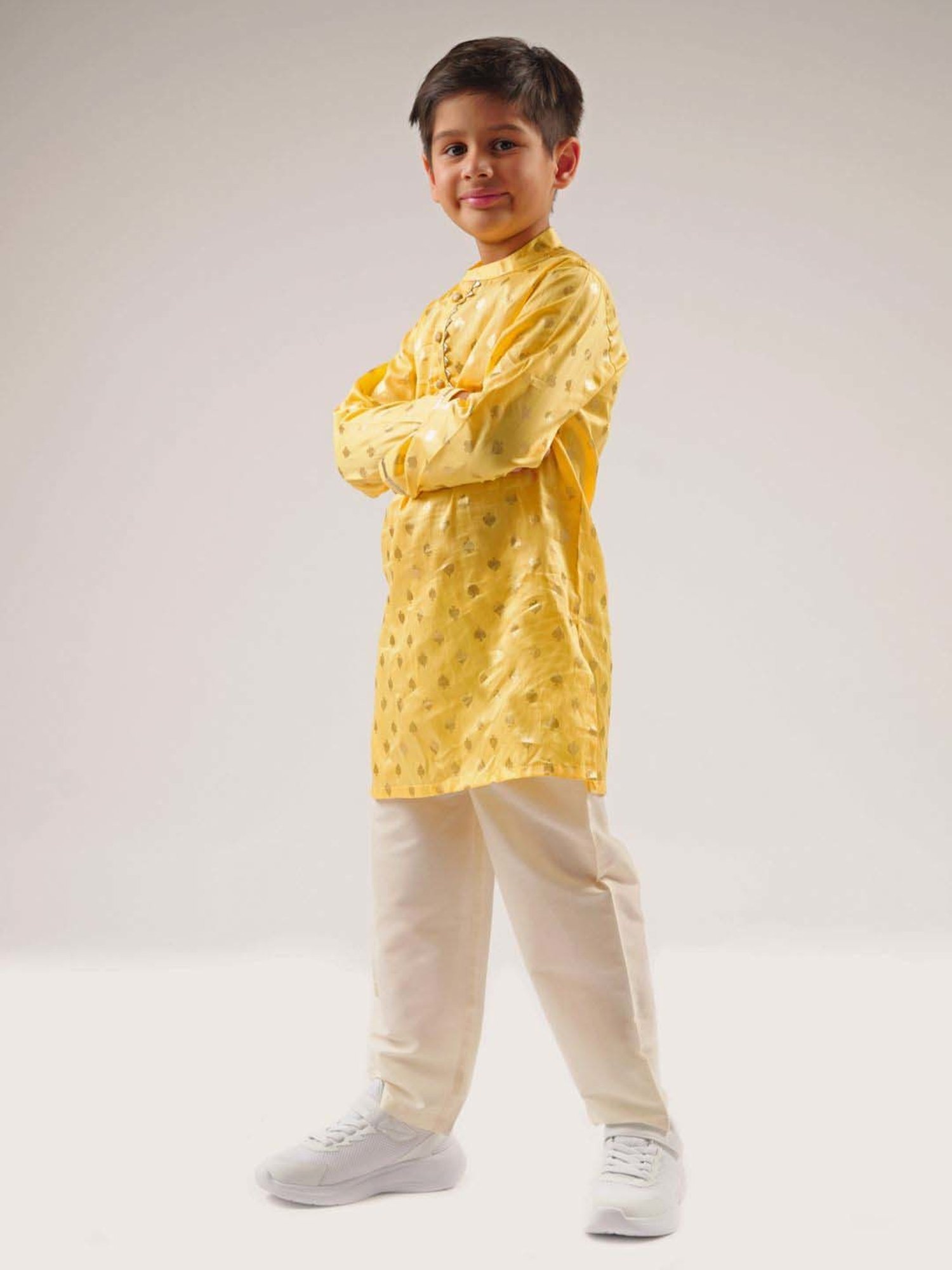 Lil Drama Kids Yellow & White Cotton Embroidered Full Sleeves Kurta Set