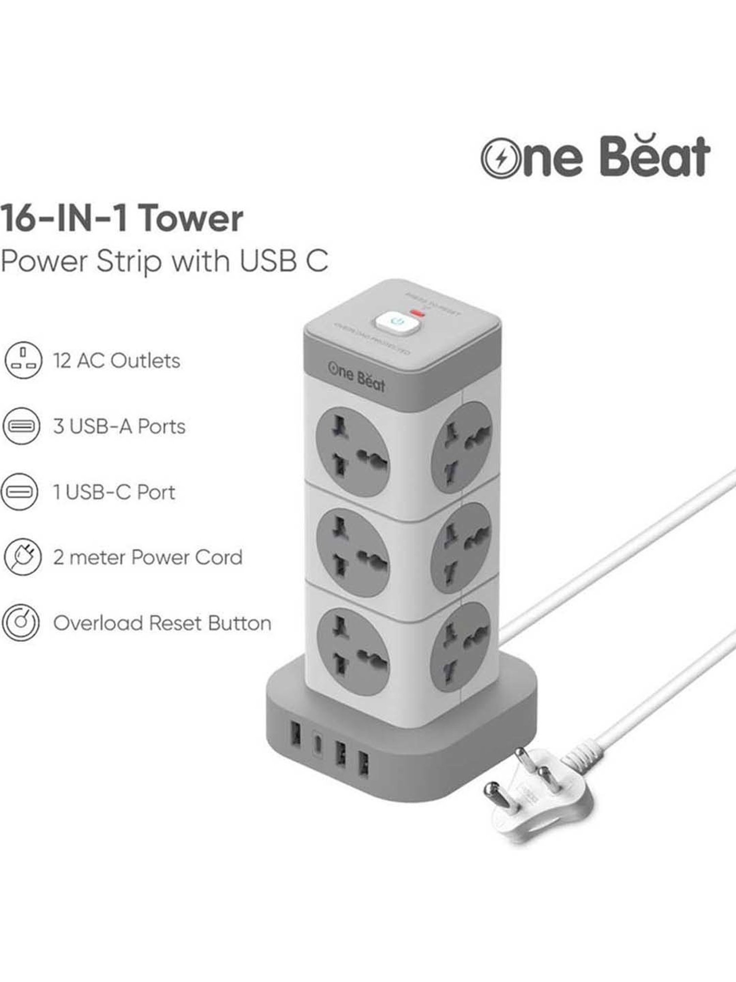 One Beat Tower 12 Socket Extension Boards with LED Indicator (White, 2 m)