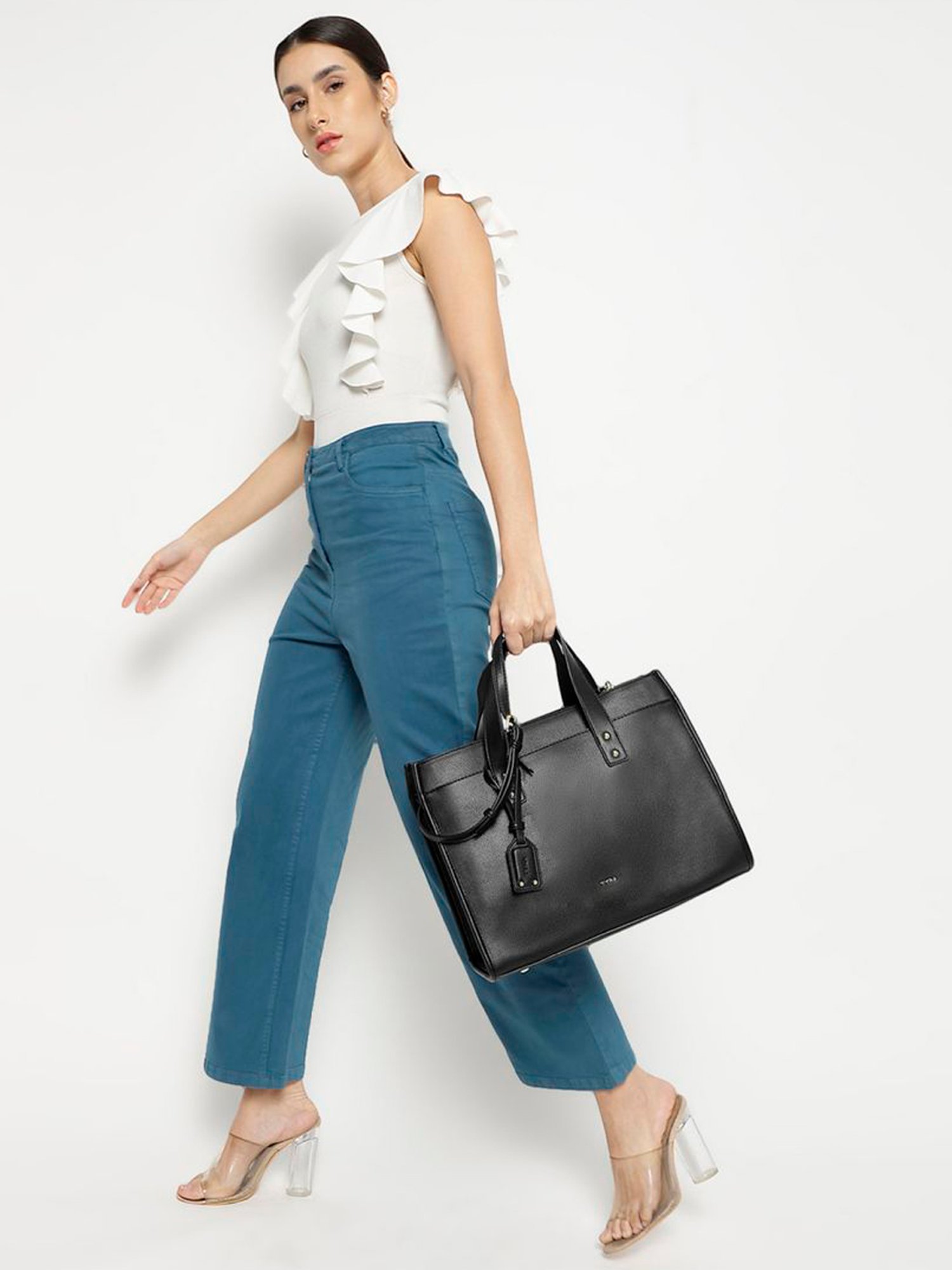 Tyra Emily Black Solid Faux Leather Tote Handbag