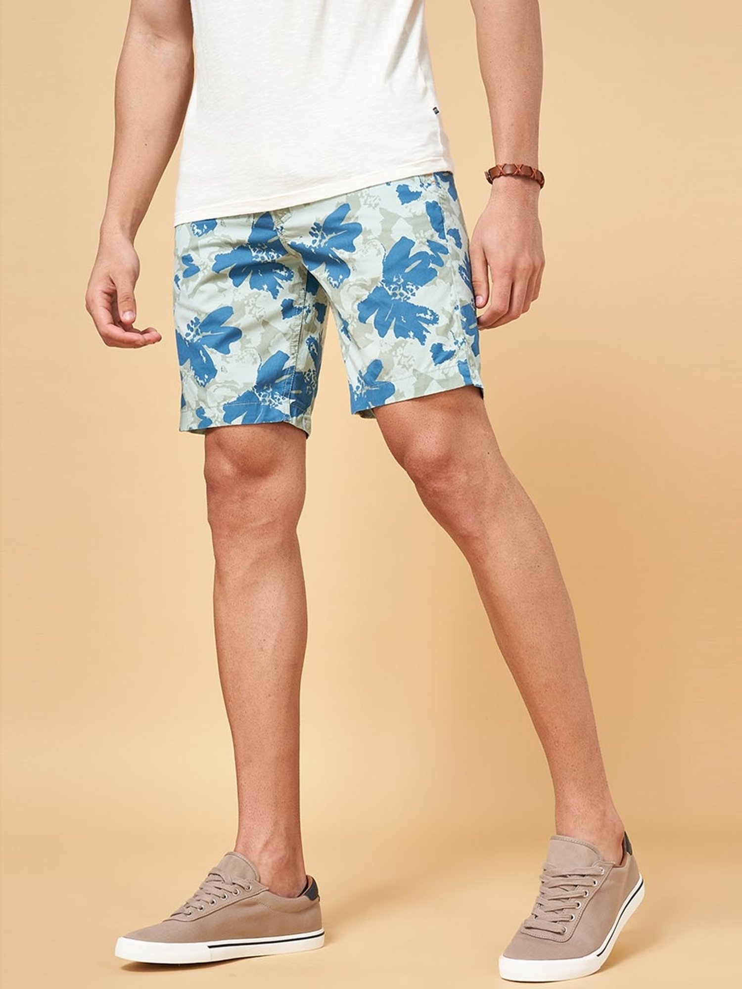 Urban Ranger by Pantaloons Aqua Cotton Slim Fit Printed Shorts