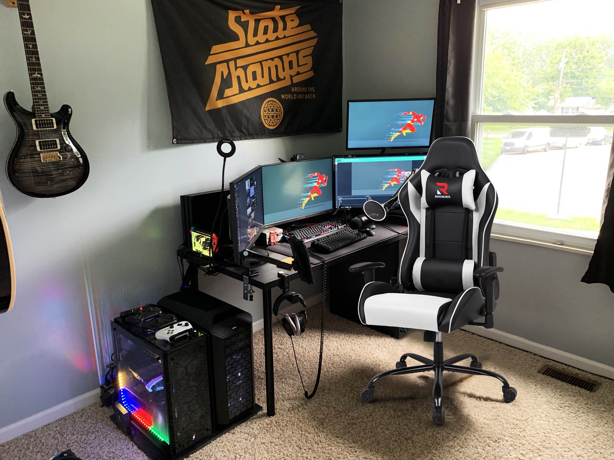 RIMIKING Massage Racing High Back Ergonomic  Computer Gaming Chair  Soft Headrest&Backrest Desk Chair Swivel Adjustable Armrest  Office Chair