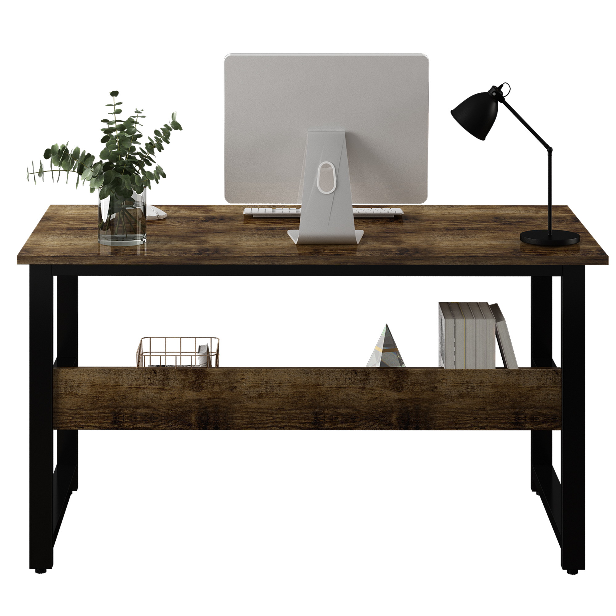 Gaming Desk Multi- Purpose in One Design Computer Desk Home Office Writing Desk with Black Metal Frame and Charcoal Wood Color
