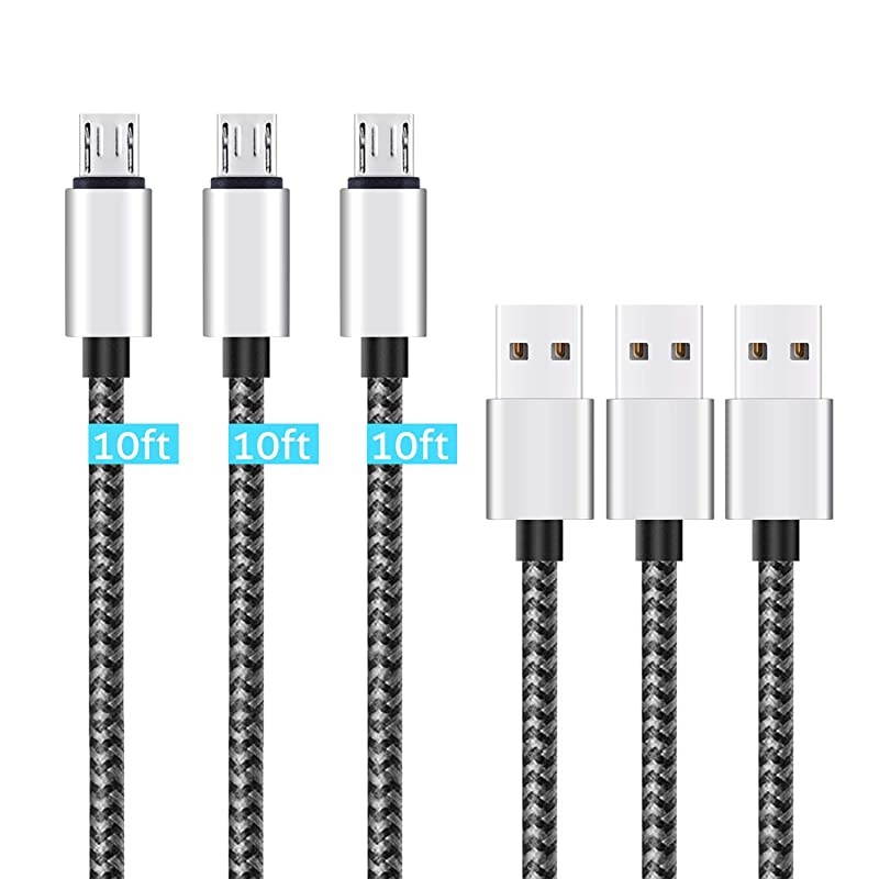 Micro USB Cable10ft3Pack by High Speed 20 USB A Male to Micro USB Sync Charging Nylon Braided Cable for Android Smartphone Tablets Wall and Car Charger Connection Silvergray