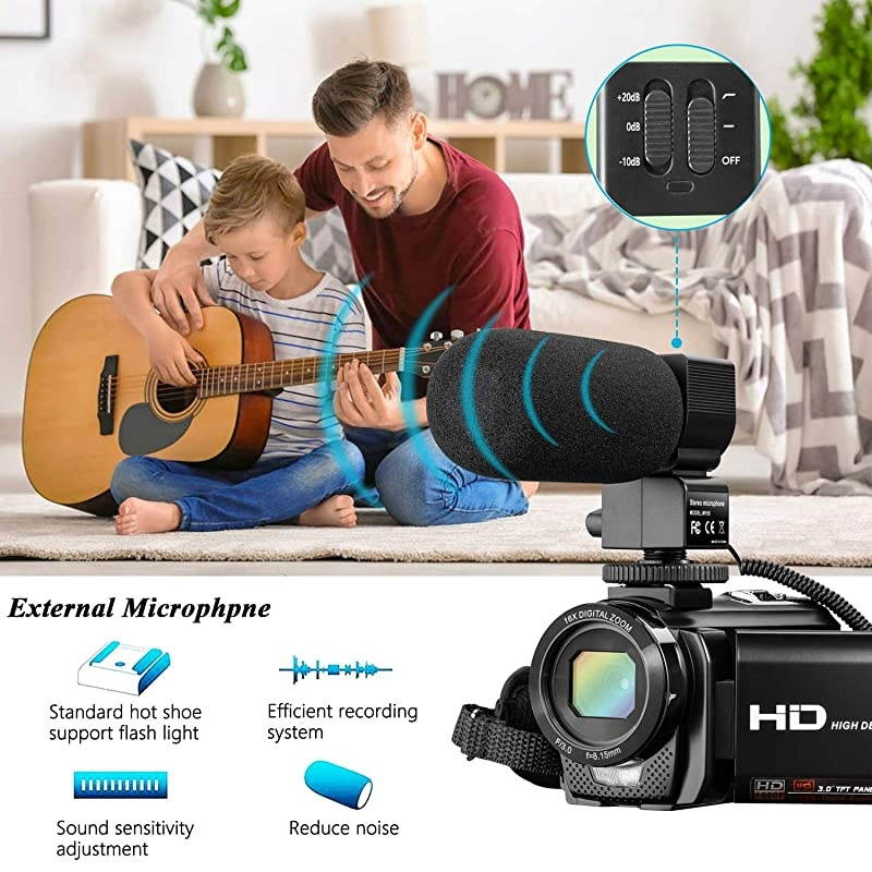 Camera Full HD 1080P 30FPS 24MP YouTube Camera Camcorder 3.0 Inch 270&deg; Rotation IPS Screen 16X Digital Zoom Vlogging Camera with Microphone, Remote, Lens Hood, 2 Batteries