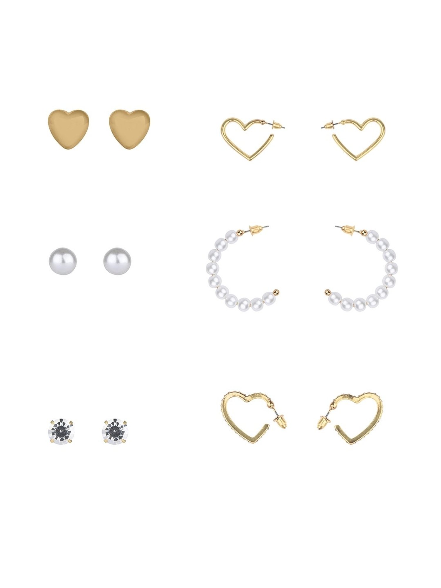 Lilly & Sparkle Set of 6 Gold-Toned 3 Studs and 3 Pearl-Crystal Studded Half Hoop Earrings
