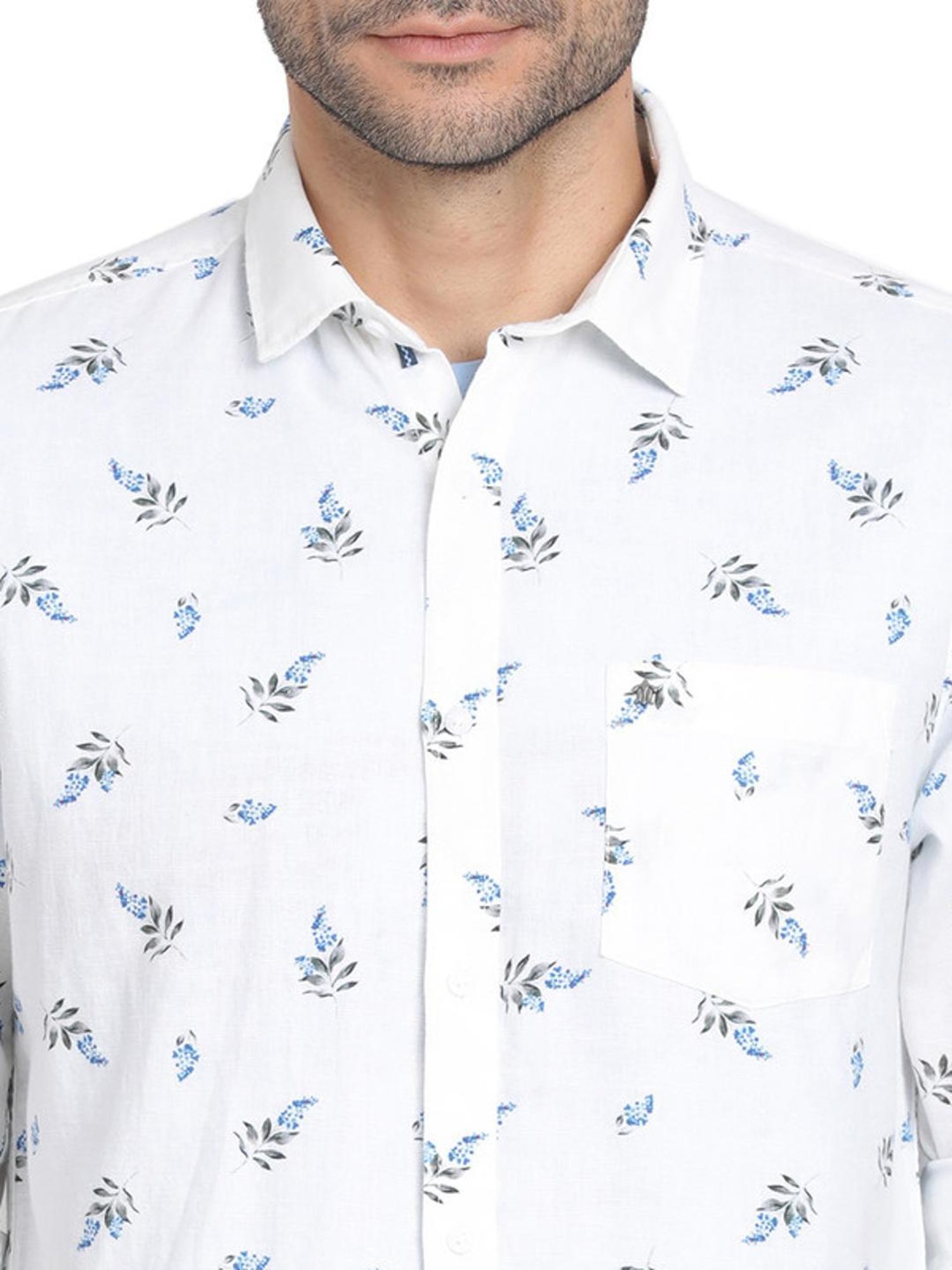 Turtle White Cotton Linen Slim Fit Printed Shirts