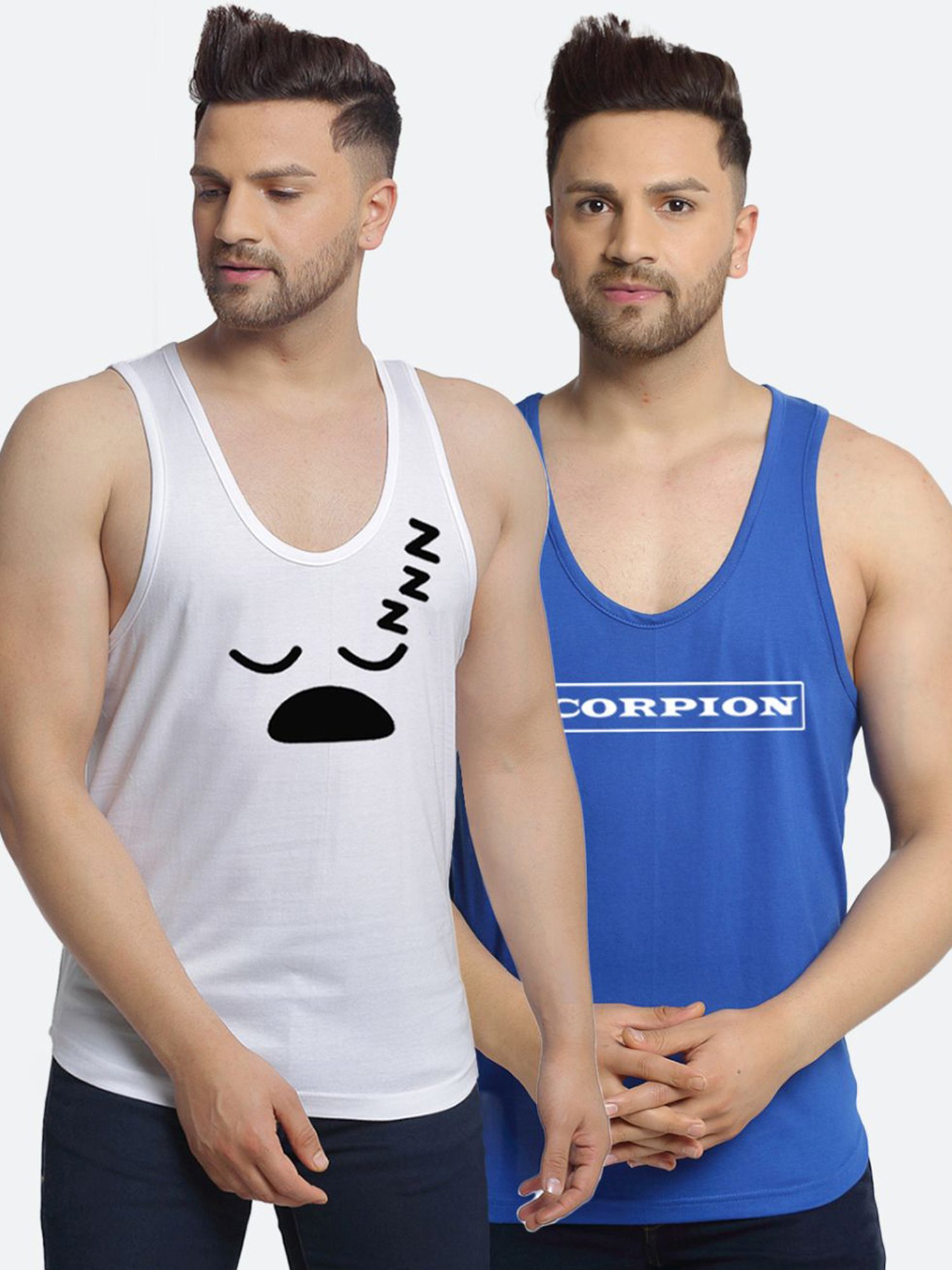 Friskers Multi Cotton Slim Fit Printed Gym Vest - Pack of 2