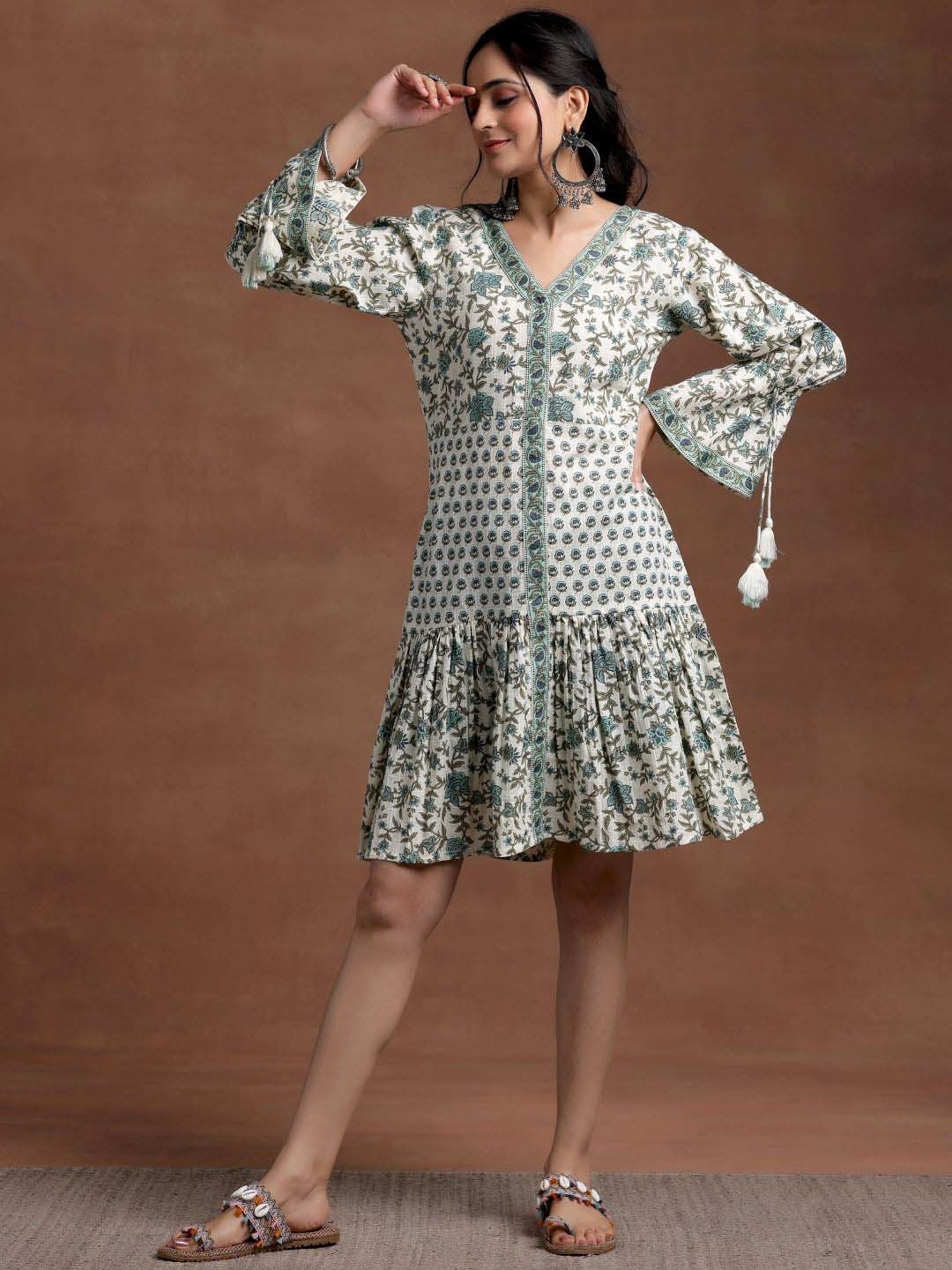 Libas Beige Cotton Printed A-Line Dress