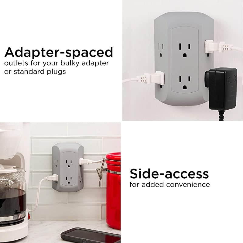 UltraPro 6Outlet Sur Protector Adapter Spaced 3Prong Power Strip Wall Tap Charging Station Side Access Gray 47823