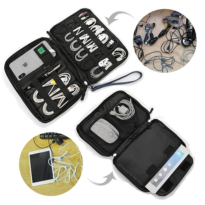 Electronics Organizer,  Electronic Accessories Cable Organizer Bag Waterproof Travel Cable Storage Bag for Charging Cable, Power Bank, Mini Tablet (Up to 7.9'') and More (Black and Blue)