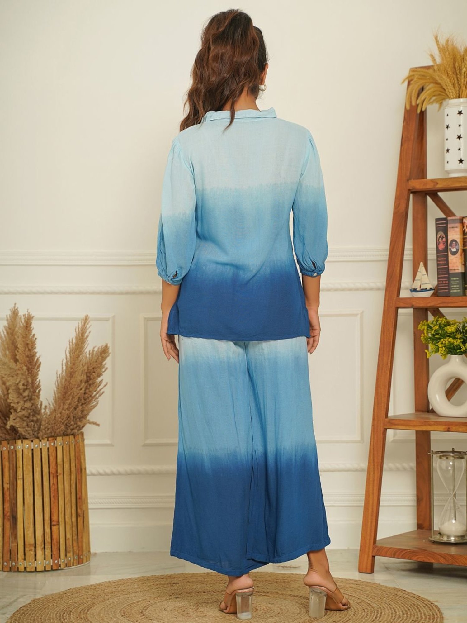Zolo Label Blue Embroidered Top Pant Set