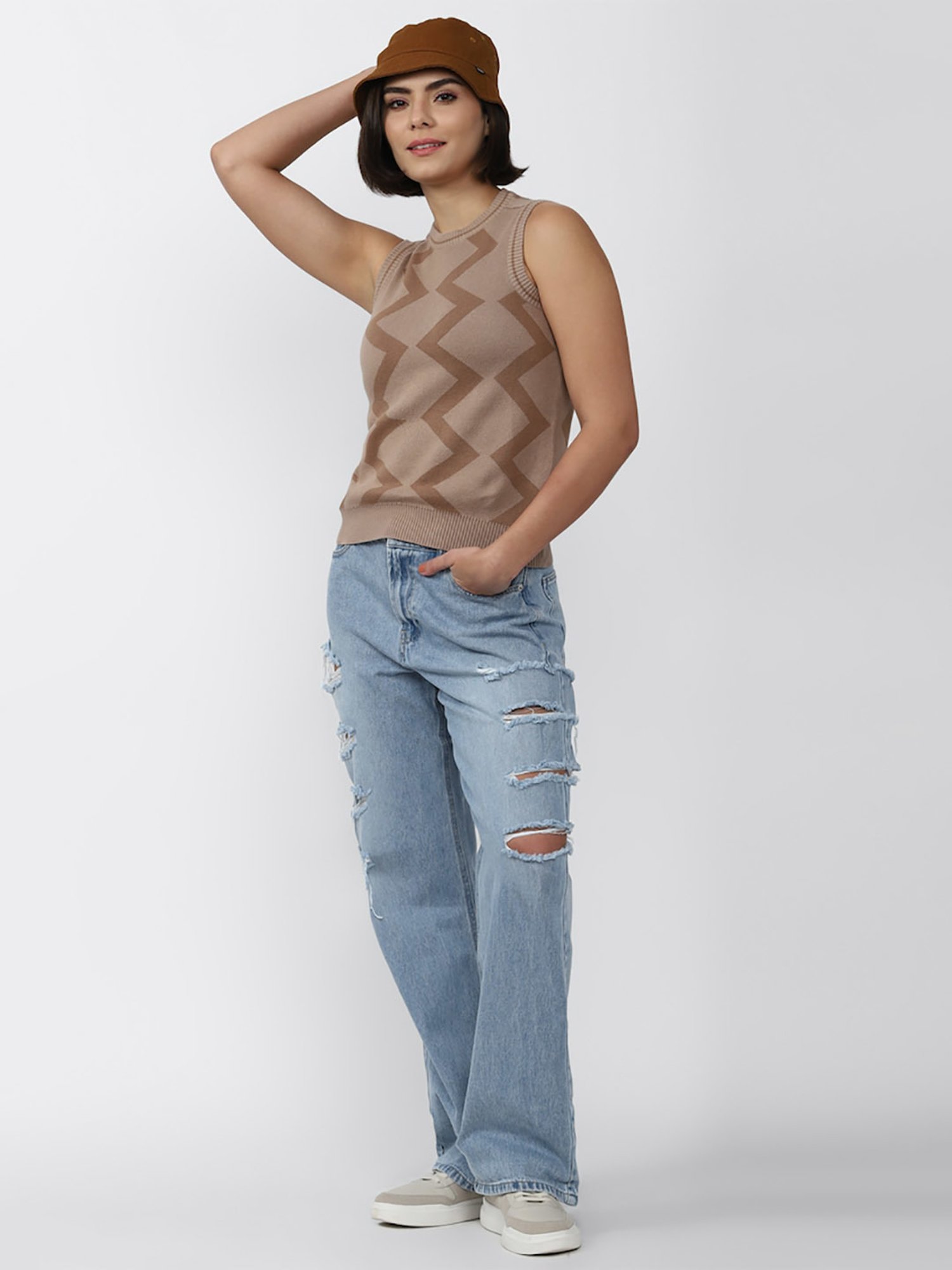 Forever 21 Brown Cotton Geometric Print Sweater Vest