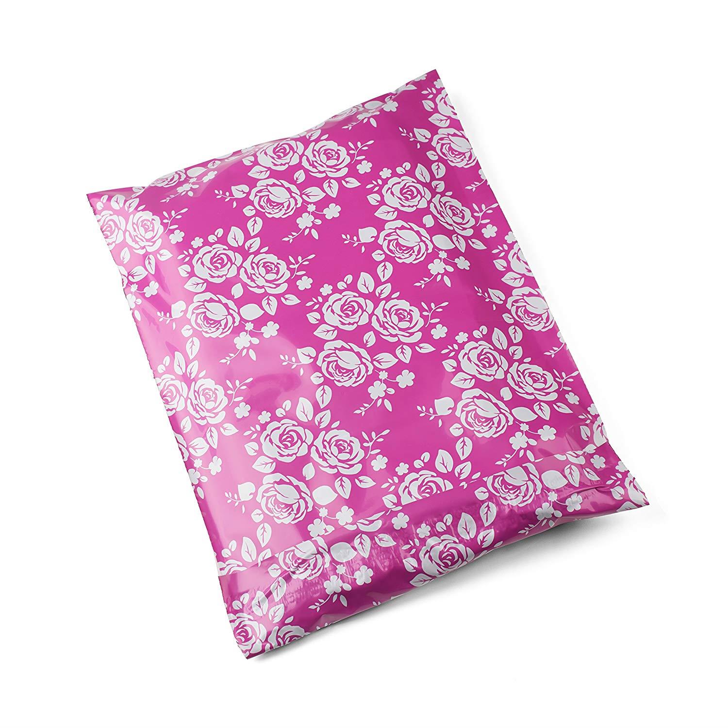 Metronic 100 Pcs 10x13" Poly Mailer Envelopes Shipping Bags of Pink+White Rose Design with Self Adhesive, Waterproof and Tear-proof Postal Printed Bags