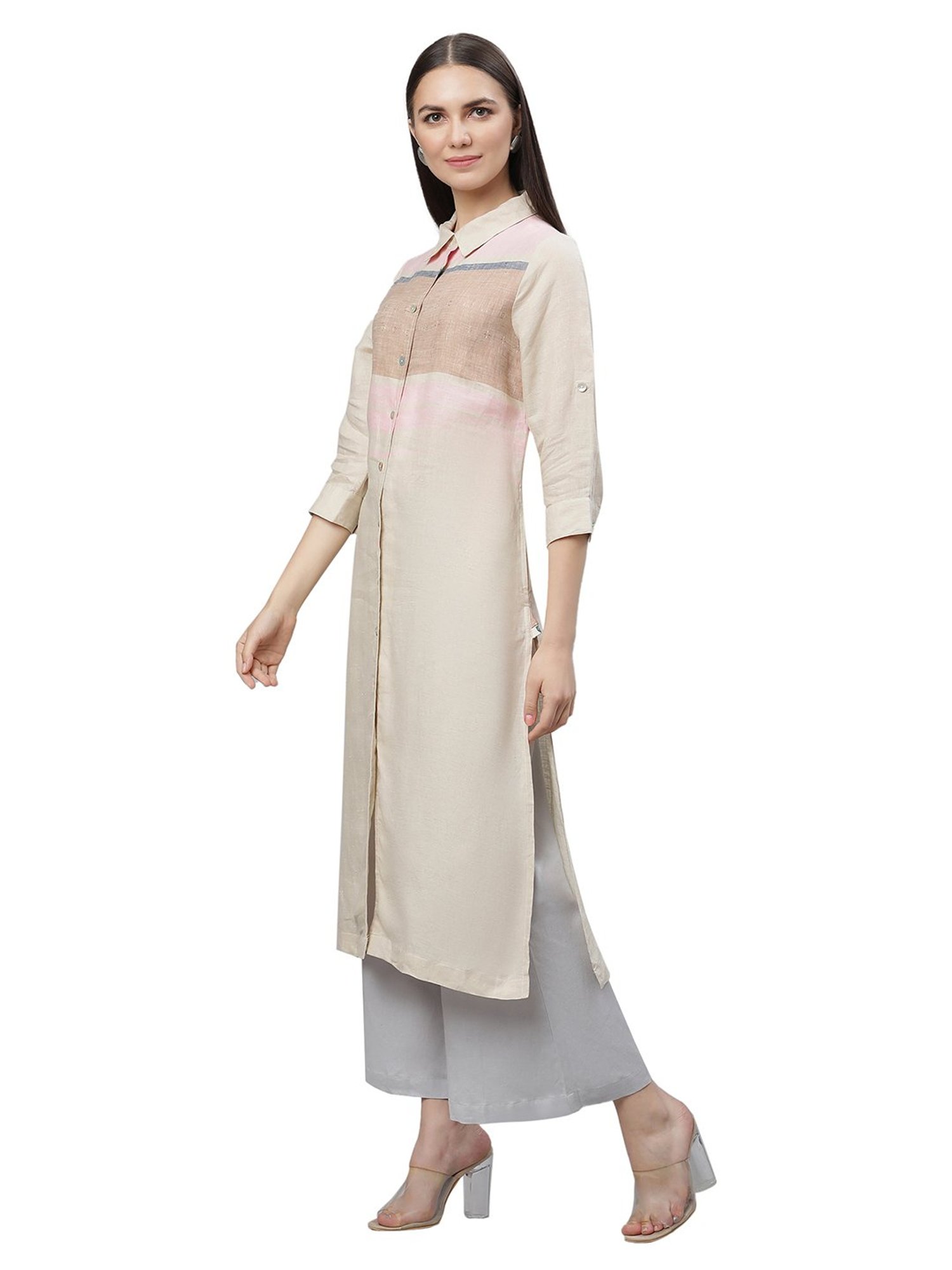 Linen Club Woman Beige Linen A Line Kurta
