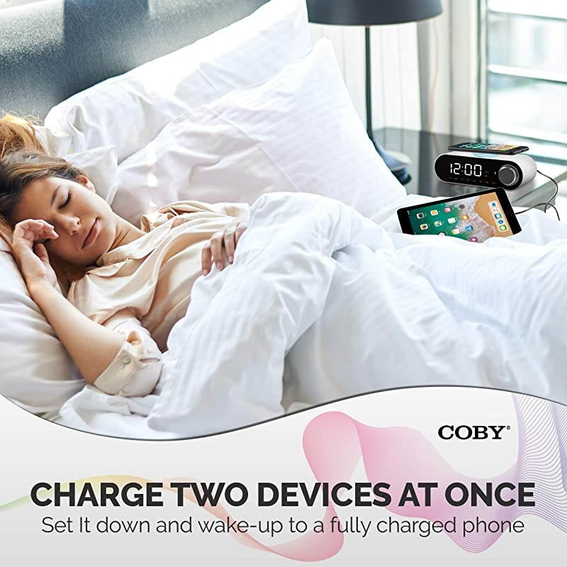 Digital LED Alarm Clock Built In 10W HD Bluetooth Speakers FM Radio QI Certified Fast Wireless Charger for iPhone Samsung and MoreUSB port Battery Backup Aux In Dimmer for Bedroom Office Desk