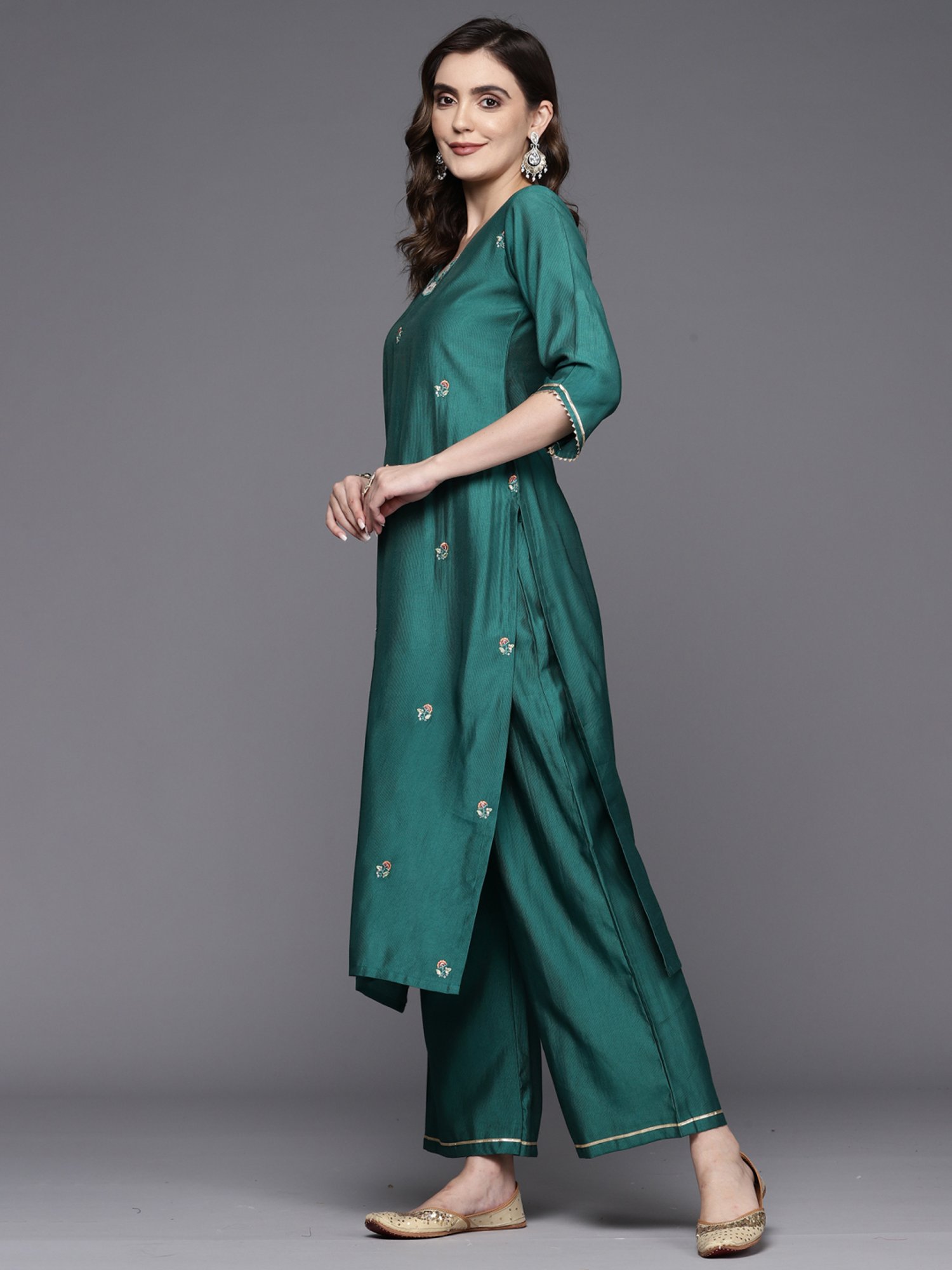 Indo Era Green Embroidered Kurta Palazzo Set With Dupatta