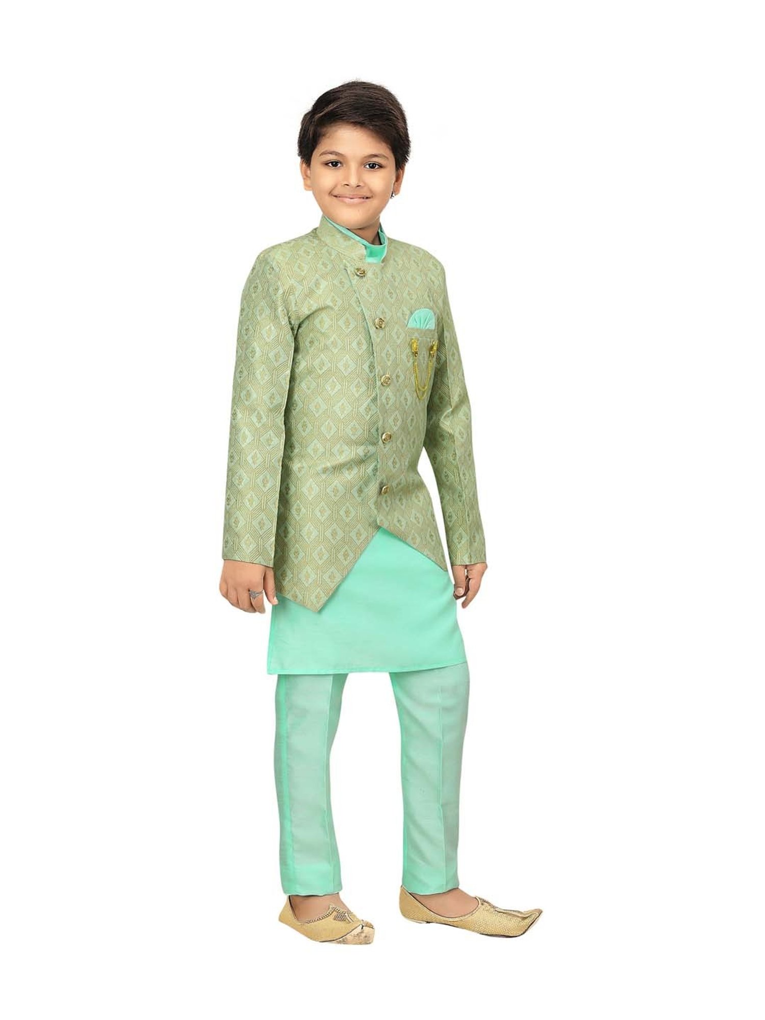 Ahhaaaa Kids Aqua Green Cotton Printed Full Sleeves Kurta Set