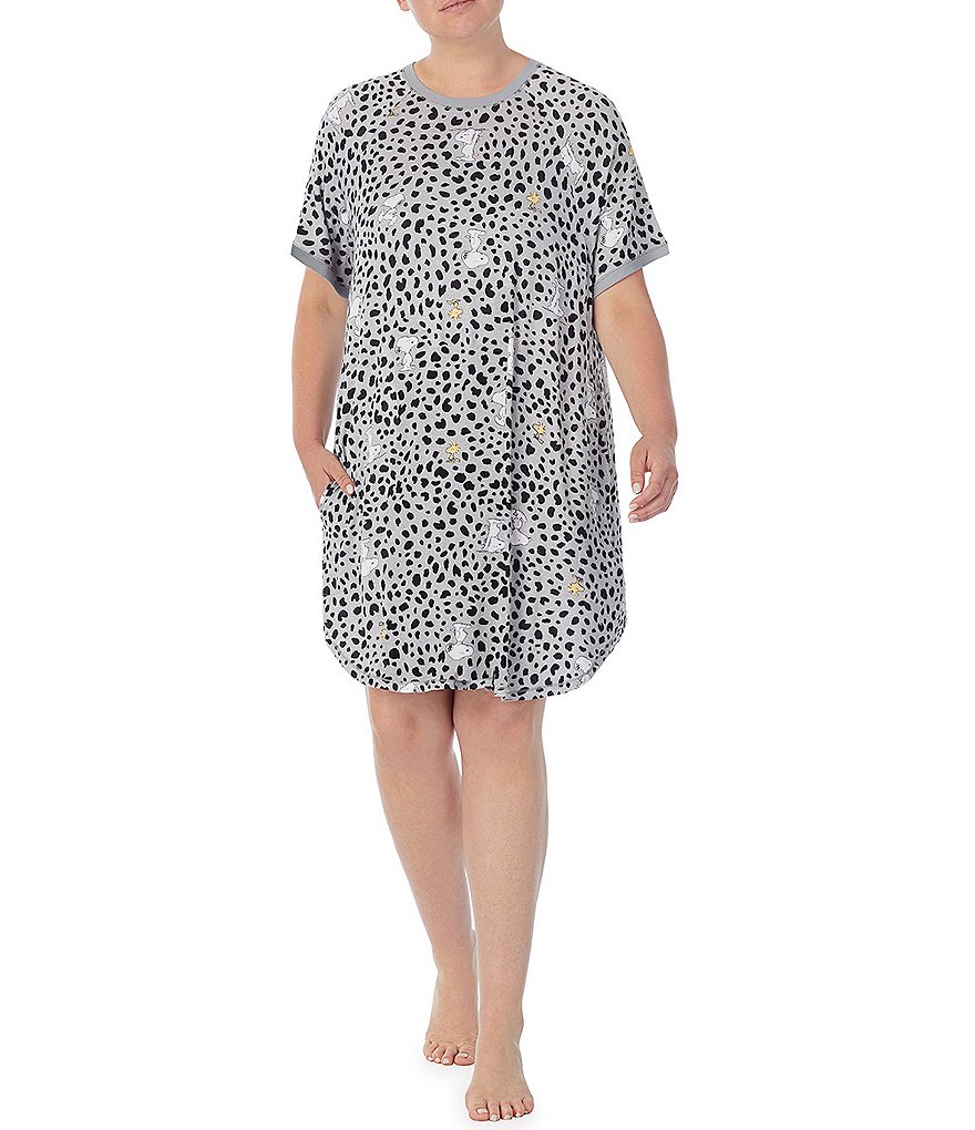 Peanuts Plus Snoopy & Woodstock Print Knit Crew Neck Short Sleeve Sleepshirt