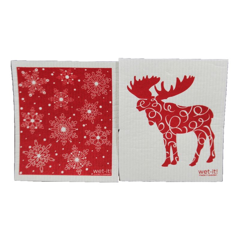Swedish Dish Cloth 7.75" Red Moose & Snowflake Set / 2 Dishcloth Christmas Kitchen  -  Dish Cloth