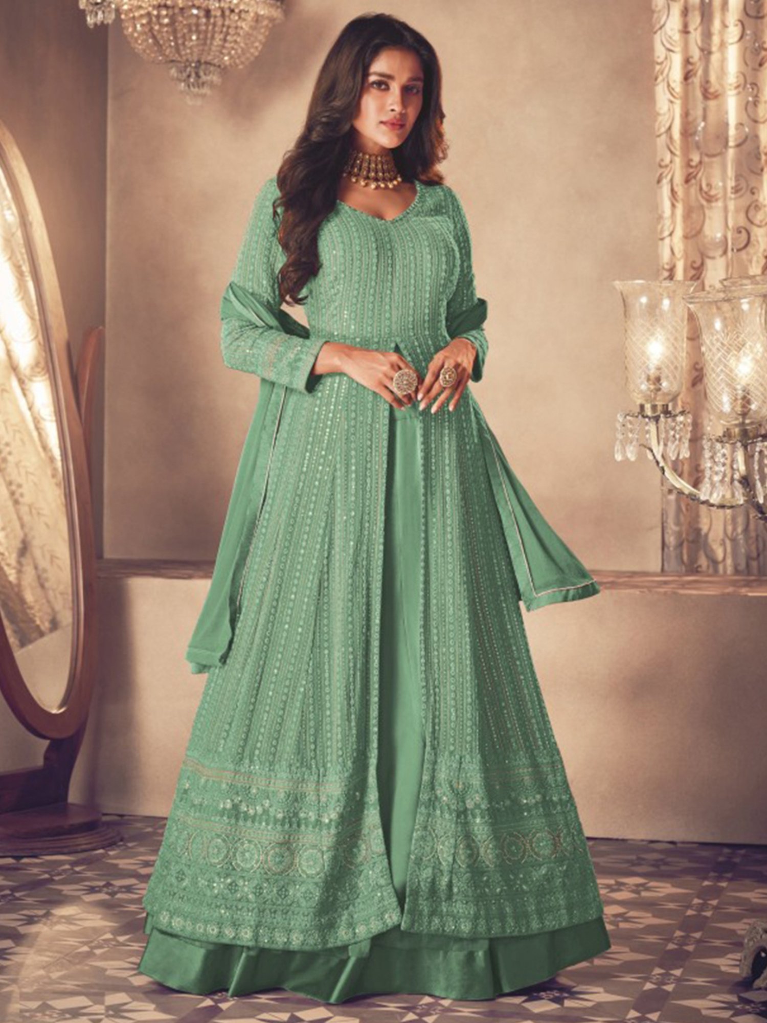 Odette Green Embroidered Unstitched Dress Material