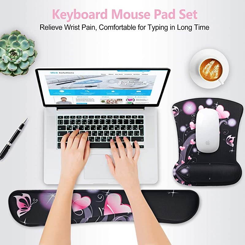 Keyboard Wrist Rest Pad Ergonomic Mouse Pad Set  Cute Mouse Pad for Computer Laptop Non Slip Mousepad Keyboard Wrist Support with Raised Memory Foam for Easy Typing Pain Relief Pink Hearts