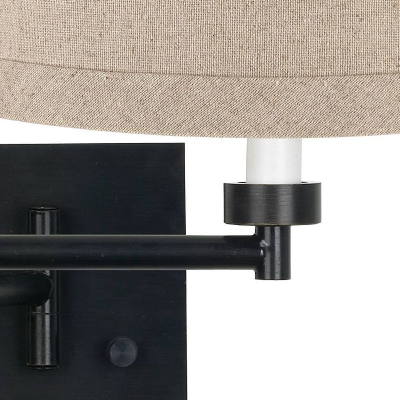 Barnes and Ivy Modern Swing Arm Wall Lamp Antique Brass Plug-In Light Fixture Taupe Fabric Bell Shade Bedroom Living Room Reading
