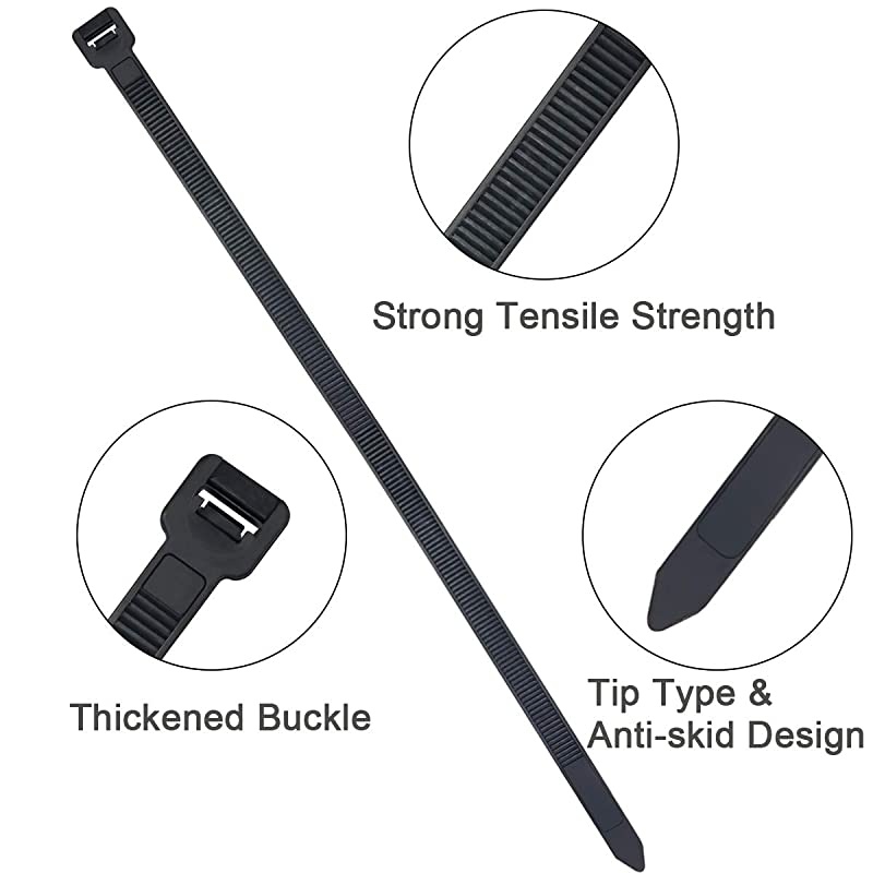 500 Pack Zip Ties Assorted Sizes, ALL Thickened Width 0.19 inch 50 pound Wire Tie Wraps,  Black Plastic Nylon Cable Tie, UV & Heat Resistant Indoor Outdoor Multi-purpose 4-6-8-10-12 Inch