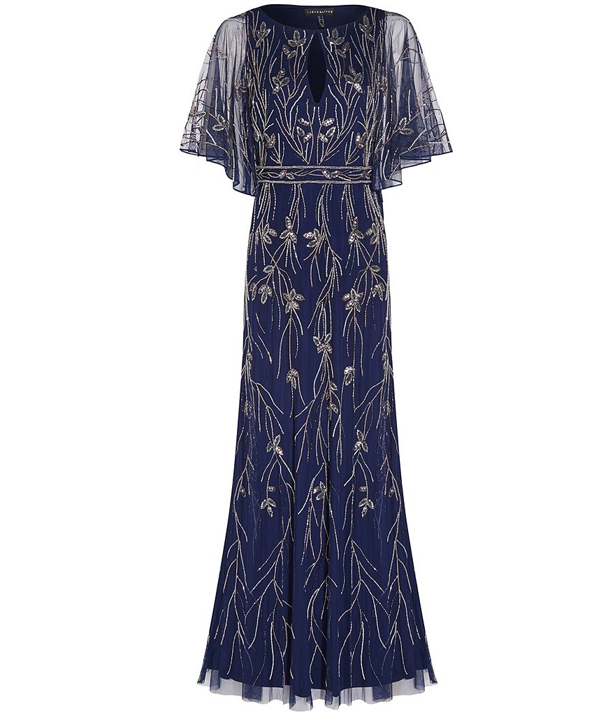 Aidan Mattox Flutter Sleeve Floral Beaded A-Line Gown