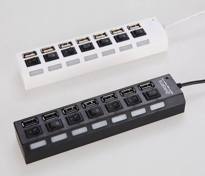 7 Ports LED USB 2.0 Adapter Hub Power on/off Switch - Black